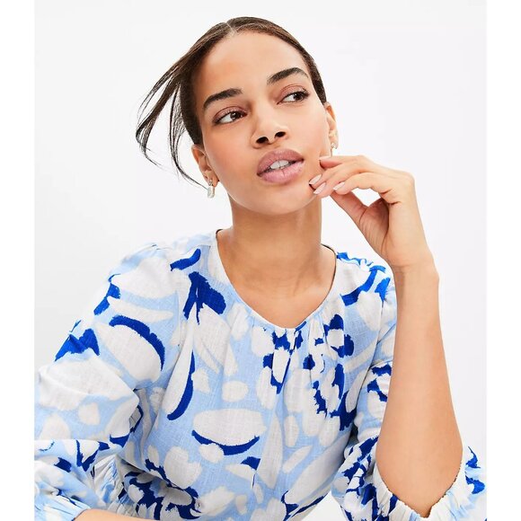 Ann Taylor LOFT Brushed Daisy Linen Blend Balloon Sleeve Flare Dress L - Picture 2 of 3